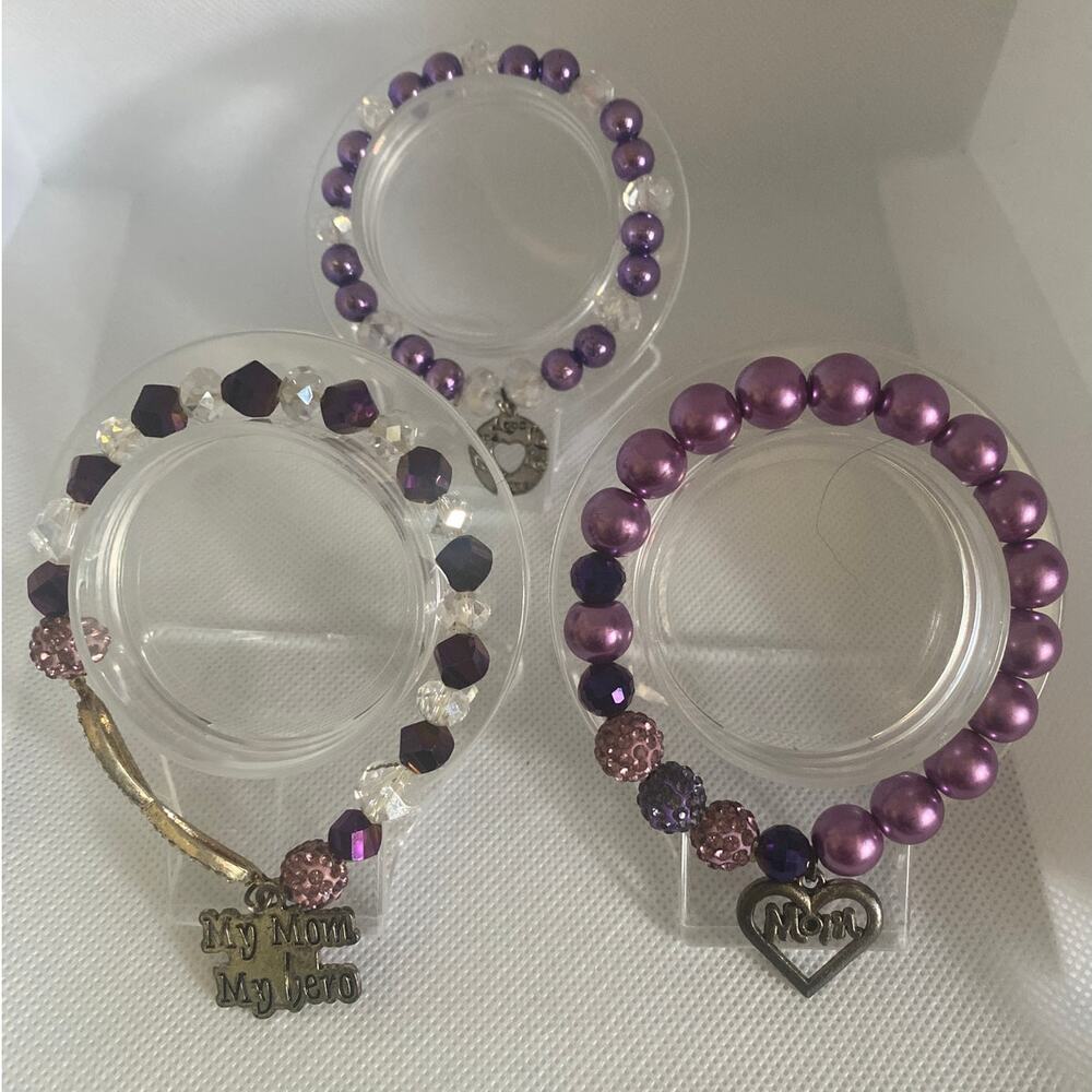 Purple Mom Charm Bracelet Set of 3 Beaded Faux Pearl Crystal Stretch Jewelry